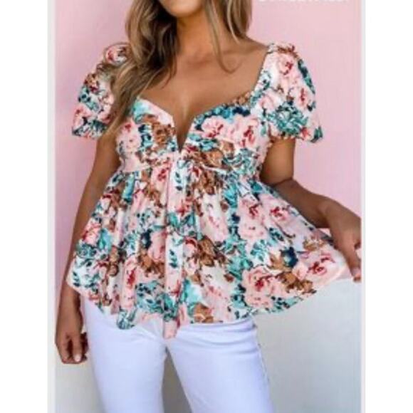 Buddy Love Houston Floral Puff Sleeve Deep V-neck Top, S - Picture 1 of 7